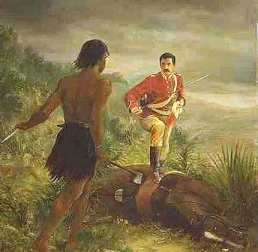 Hauhau confronts a member of the Wanganui Cavalry - click for image